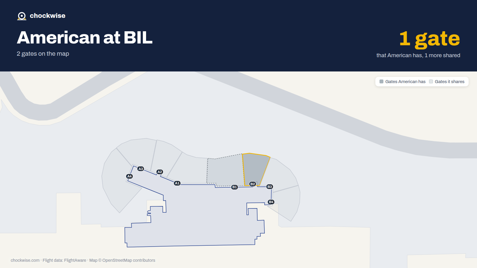 Map of BIL with the gates American Airlines uses highlighted: B2.
