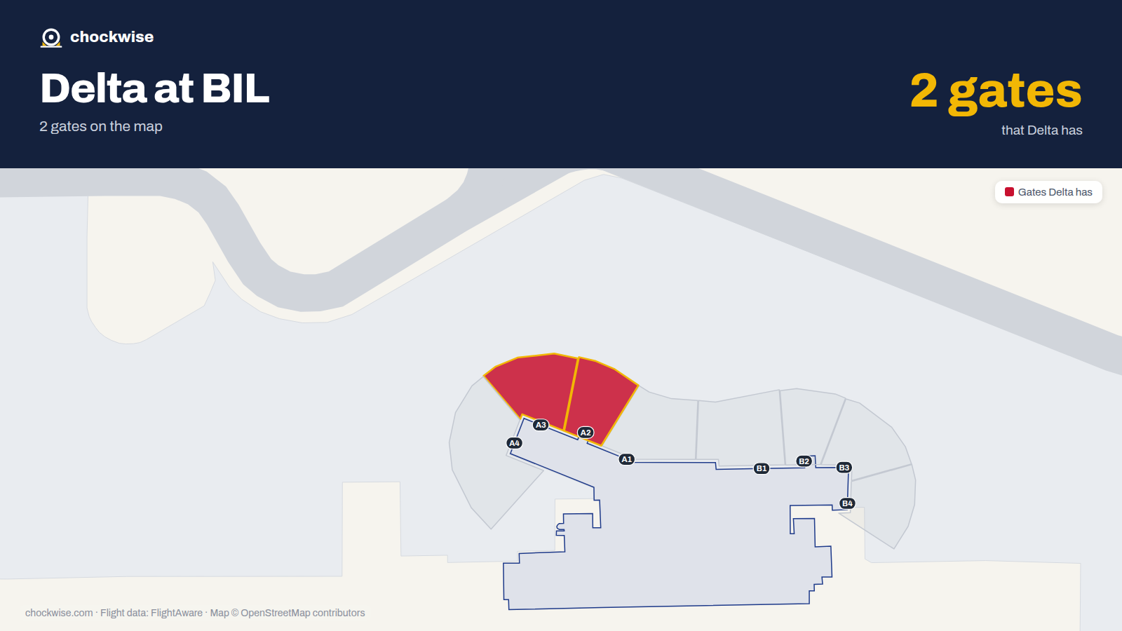 Map of BIL with the gates Delta Air Lines uses highlighted: A2 and A3.