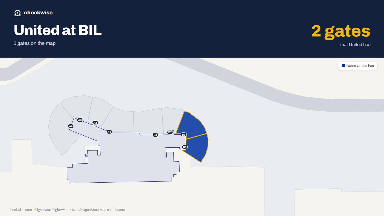 Map of BIL with the gates United Airlines uses highlighted: B3 and B4.