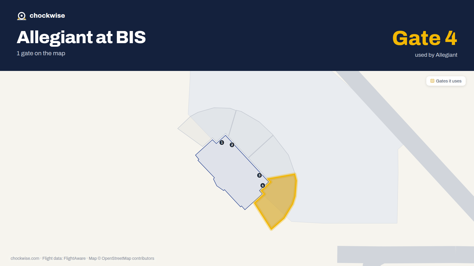 Map of BIS with the gates Allegiant Air uses highlighted: 4.