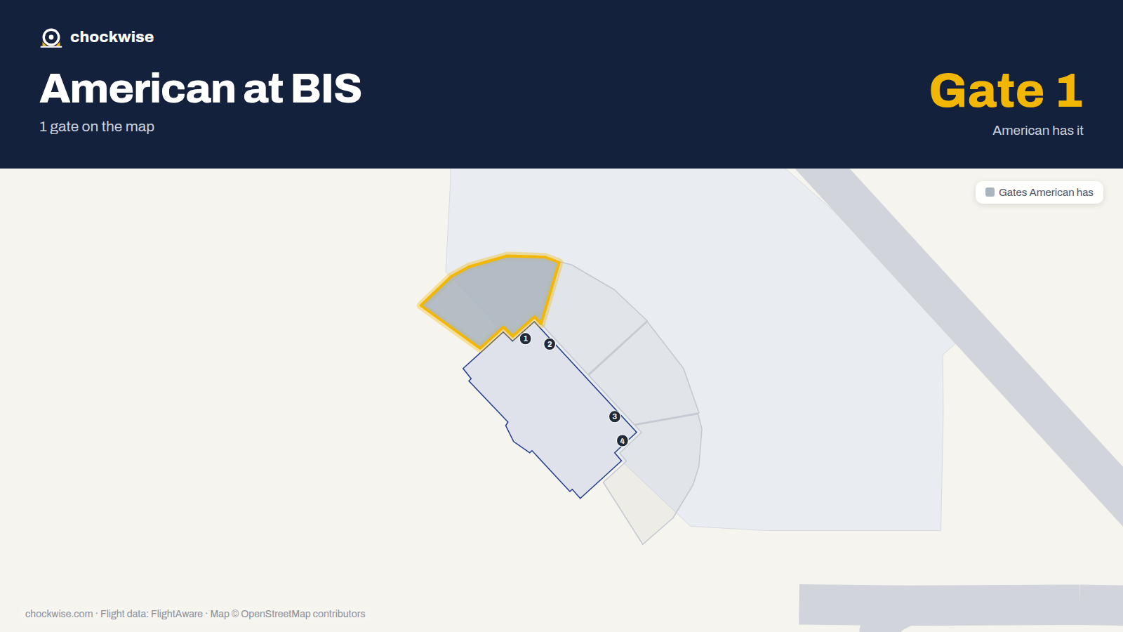 Map of BIS with the gates American Airlines uses highlighted: 1.