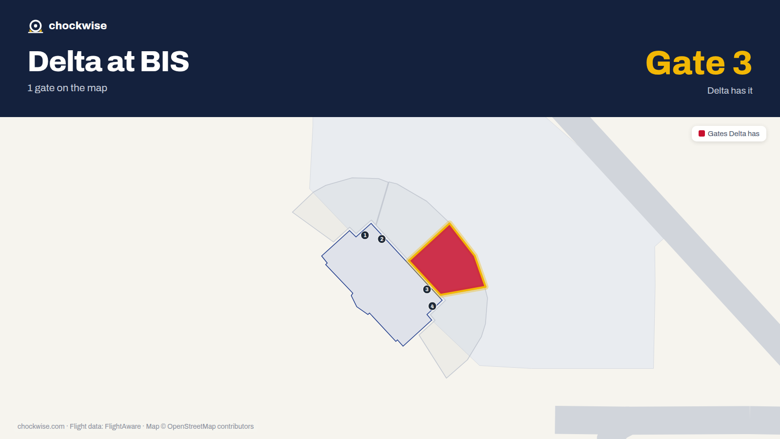 Map of BIS with the gates Delta Air Lines uses highlighted: 3.