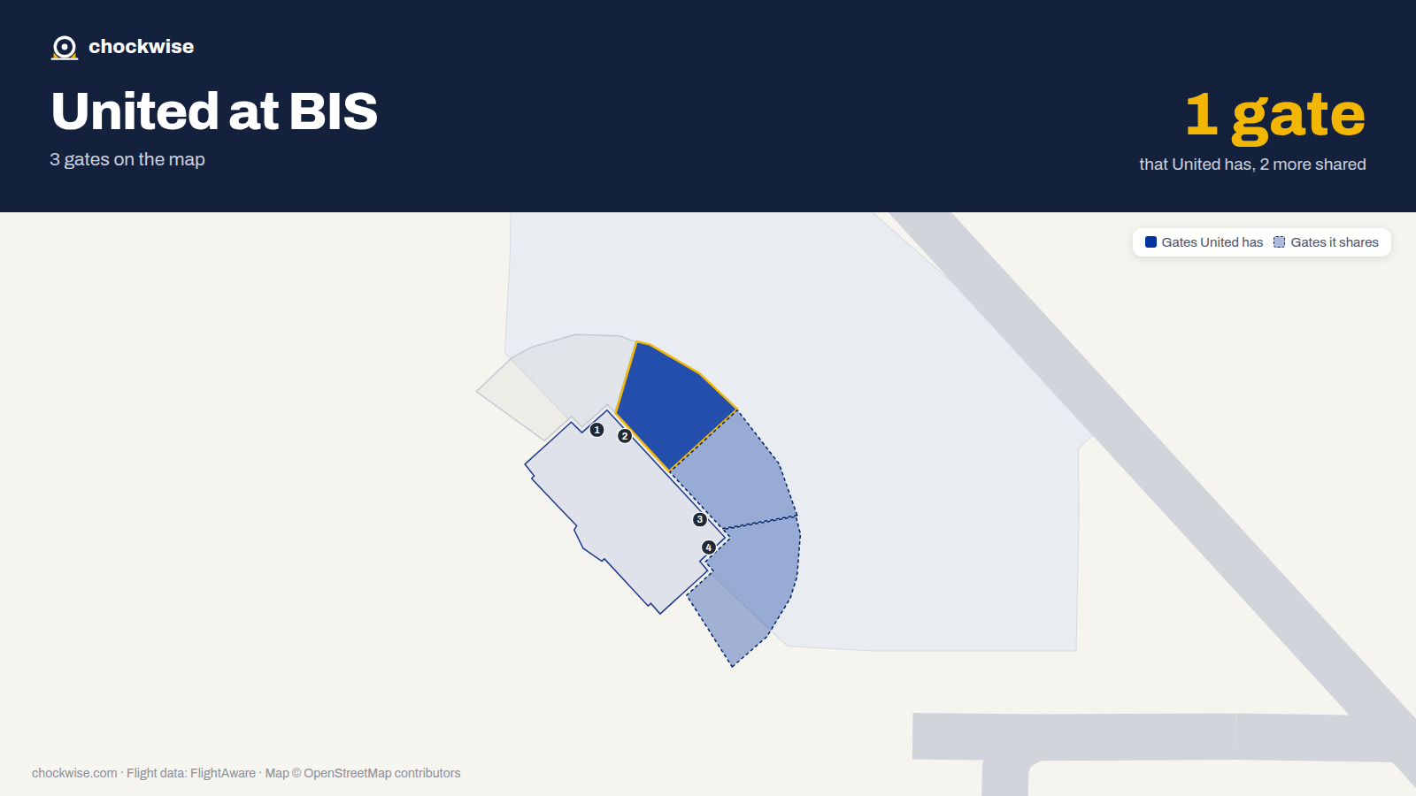 Map of BIS with the gates United Airlines uses highlighted: 2.