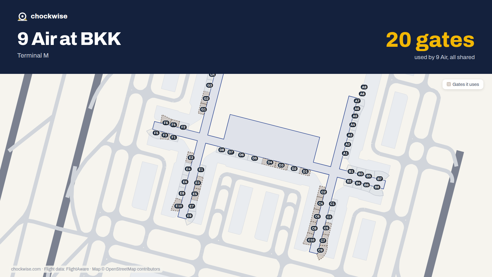 Map of BKK with the gates 9 Air uses highlighted: D1, G1, C2, E2, G2, D3, E3, F3 and 12 more.