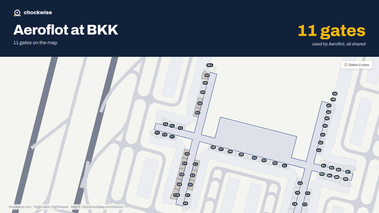 Map of BKK with the gates Aeroflot uses highlighted: E1, G1, E2, G2, E3, E4, E5, G5 and 3 more.