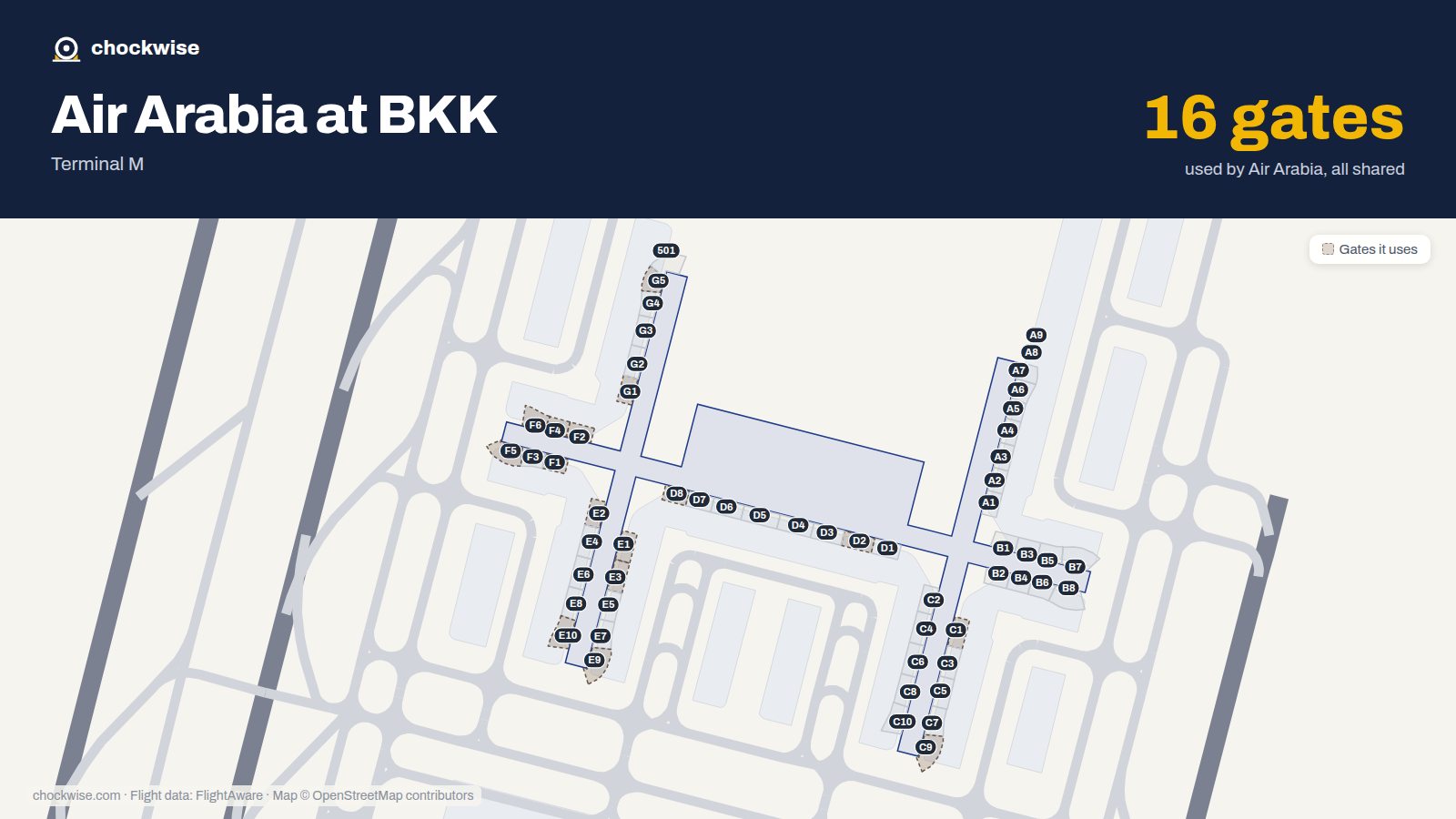 Map of BKK with the gates Air Arabia uses highlighted: C1, E1, F1, G1, D2, E2, F2, E3 and 8 more.