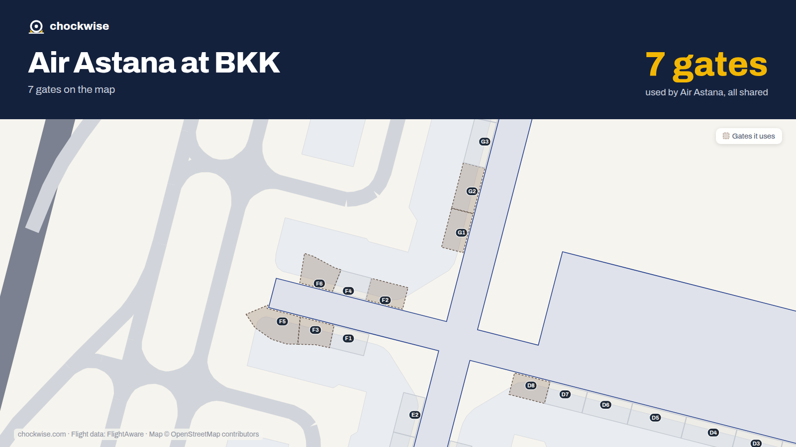 Map of BKK with the gates Air Astana uses highlighted: G1, F2, G2, F3, F5, F6 and D8.