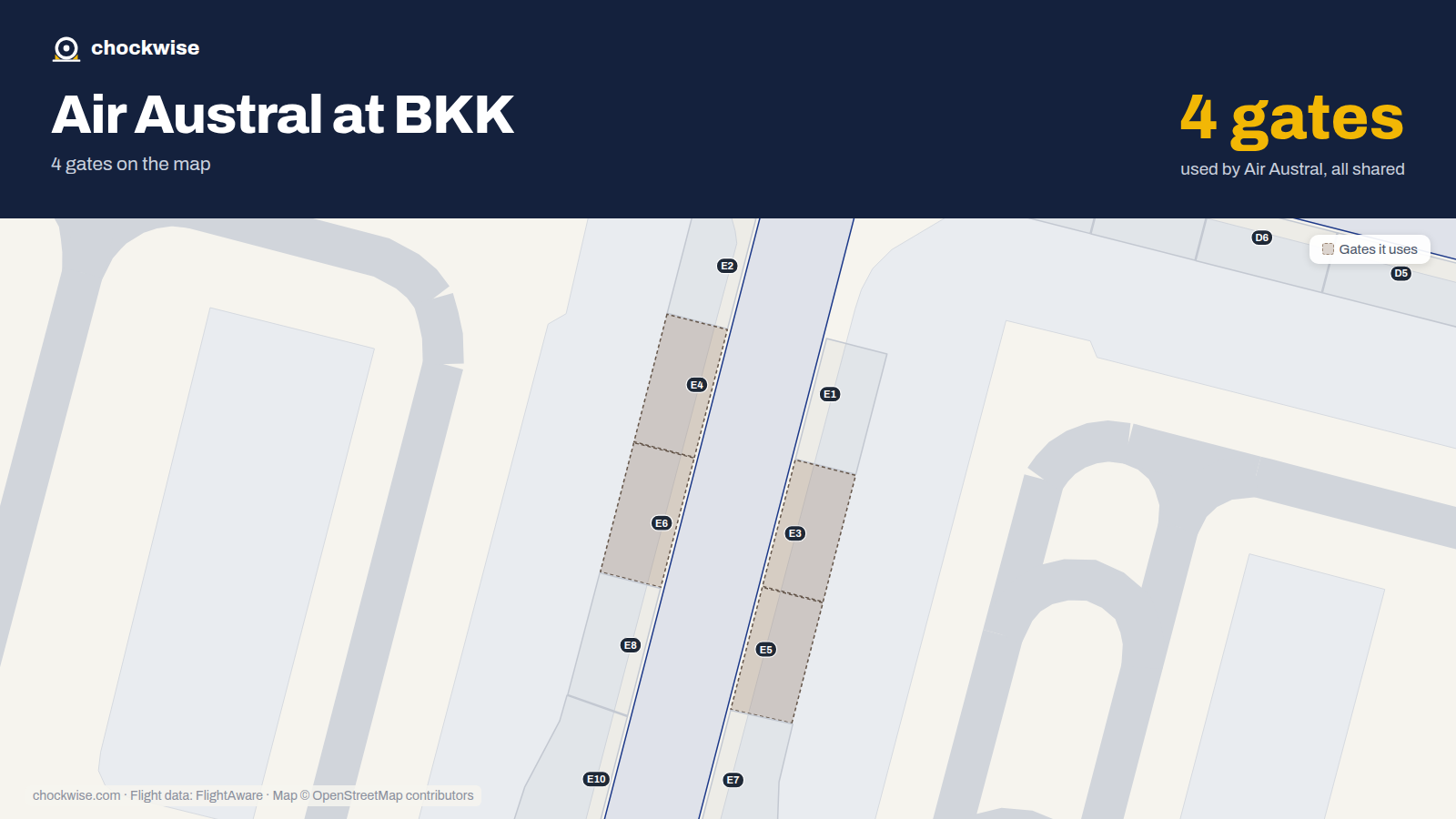Map of BKK with the gates Air Austral uses highlighted: E3, E4, E5 and E6.