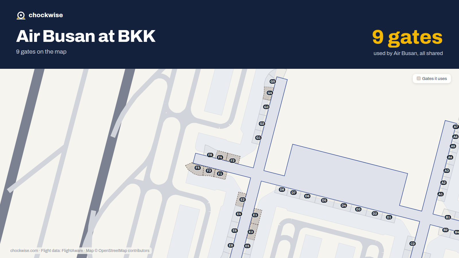 Map of BKK with the gates Air Busan uses highlighted: E1, F1, E2, F2, E3, F3, F4, G4 and 1 more.