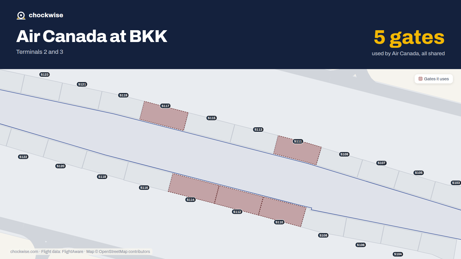 Map of BKK with the gates Air Canada uses highlighted: S110, S111, S112, S114 and S117.