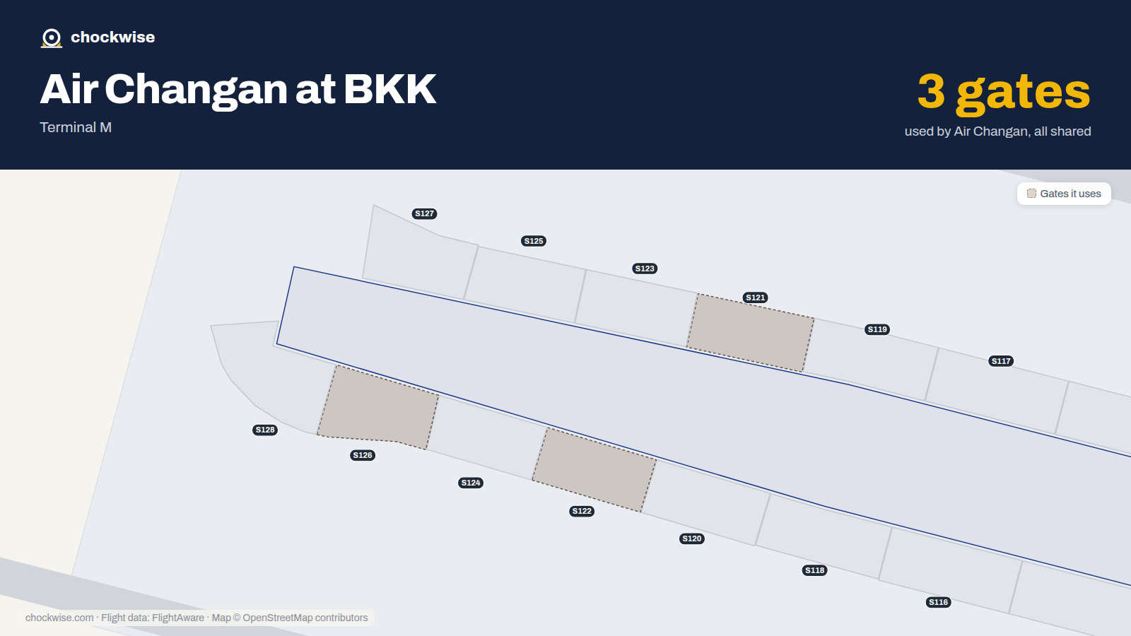 Map of BKK with the gates Air Changan uses highlighted: S121, S122 and S126.