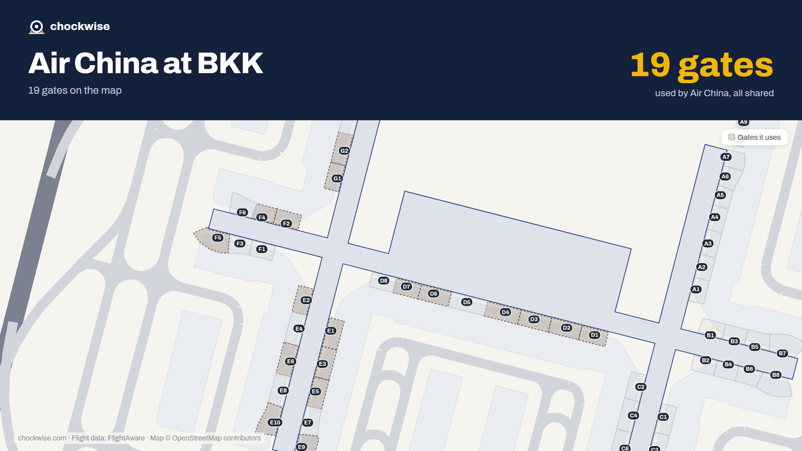 Map of BKK with the gates Air China uses highlighted: D1, E1, G1, D2, E2, F2, G2, D3 and 11 more.