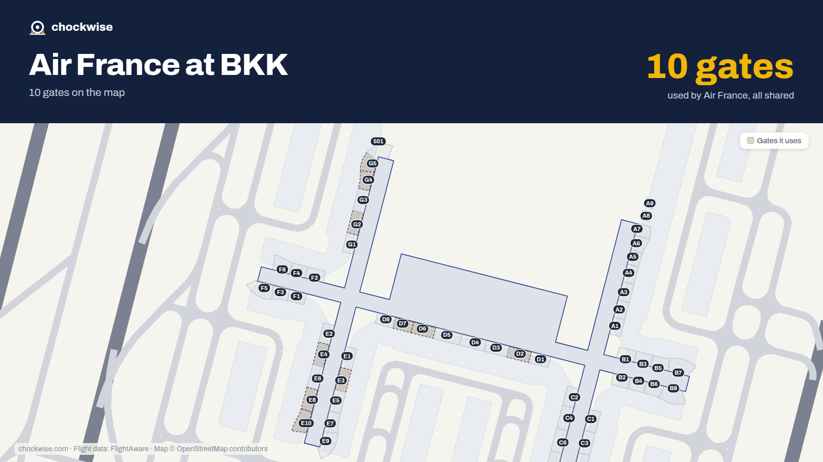 Map of BKK with the gates Air France uses highlighted: D2, G2, E3, E4, G4, G5, D6, D7 and 2 more.