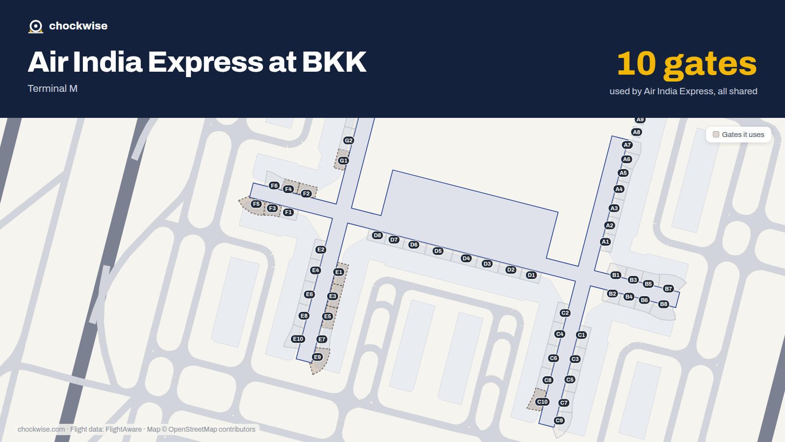 Map of BKK with the gates Air India Express uses highlighted: E1, G1, F2, E3, F3, F4, E5, F5 and 2 more.