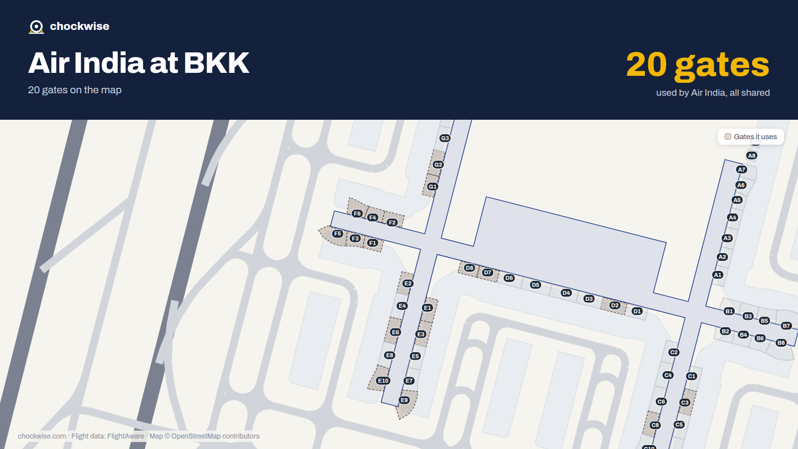 Map of BKK with the gates Air India uses highlighted: E1, F1, G1, D2, E2, F2, G2, C3 and 12 more.