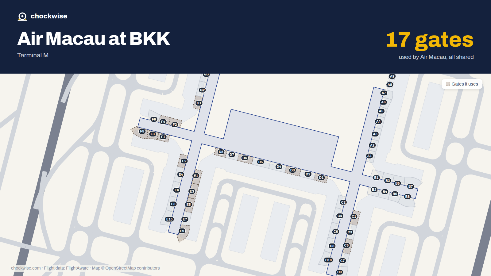 Map of BKK with the gates Air Macau uses highlighted: C1, D1, E1, F1, G1, E2, F2, D3 and 9 more.