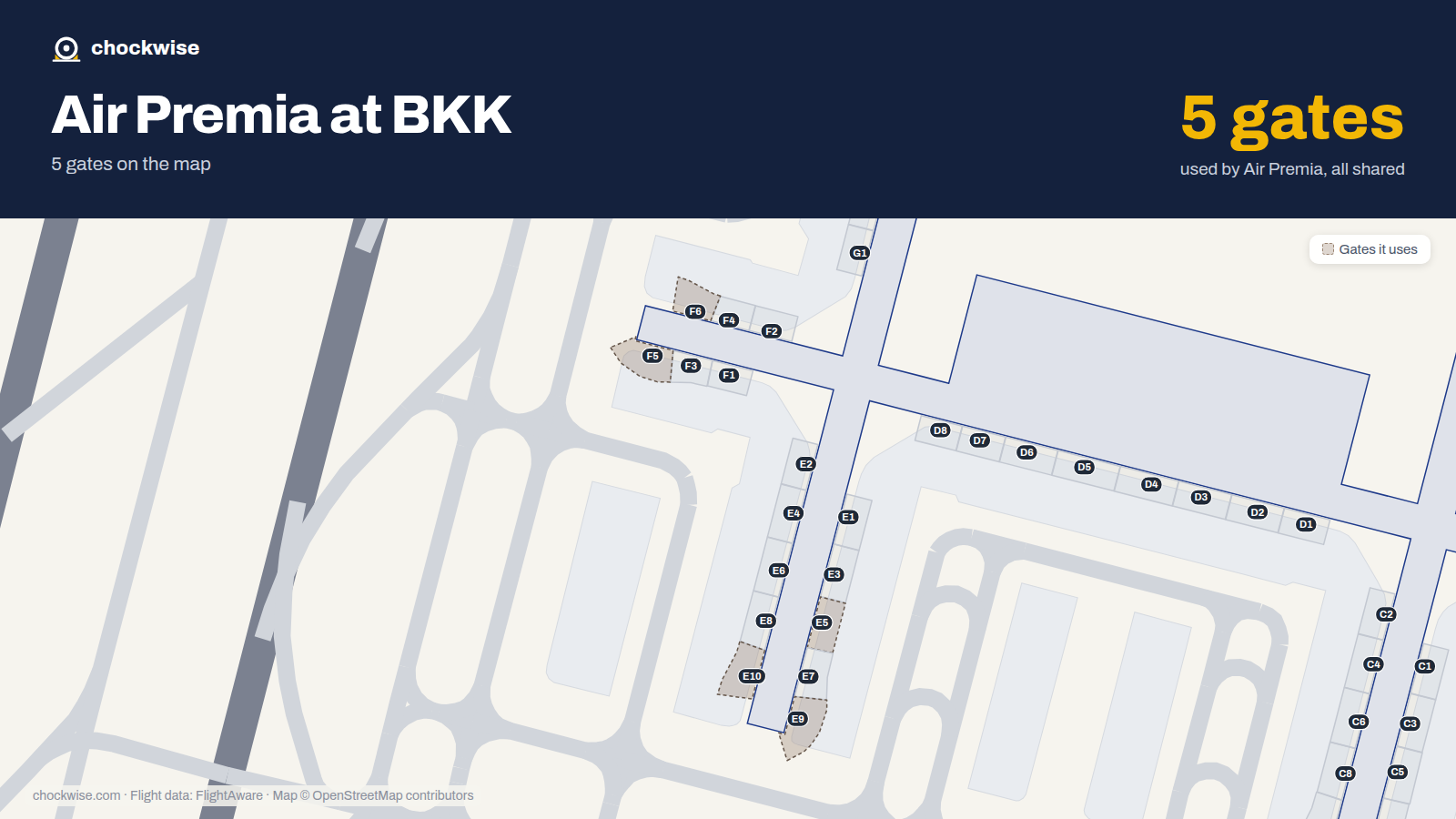Map of BKK with the gates Air Premia uses highlighted: E5, F5, F6, E9 and E10.