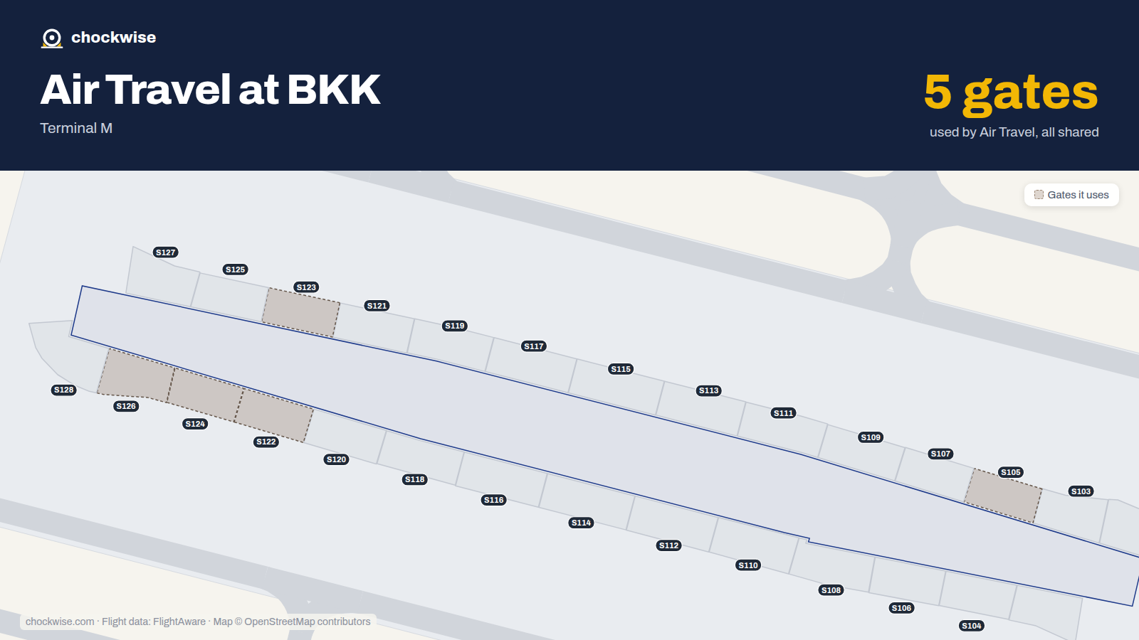 Map of BKK with the gates Air Travel uses highlighted: S105, S122, S123, S124 and S126.