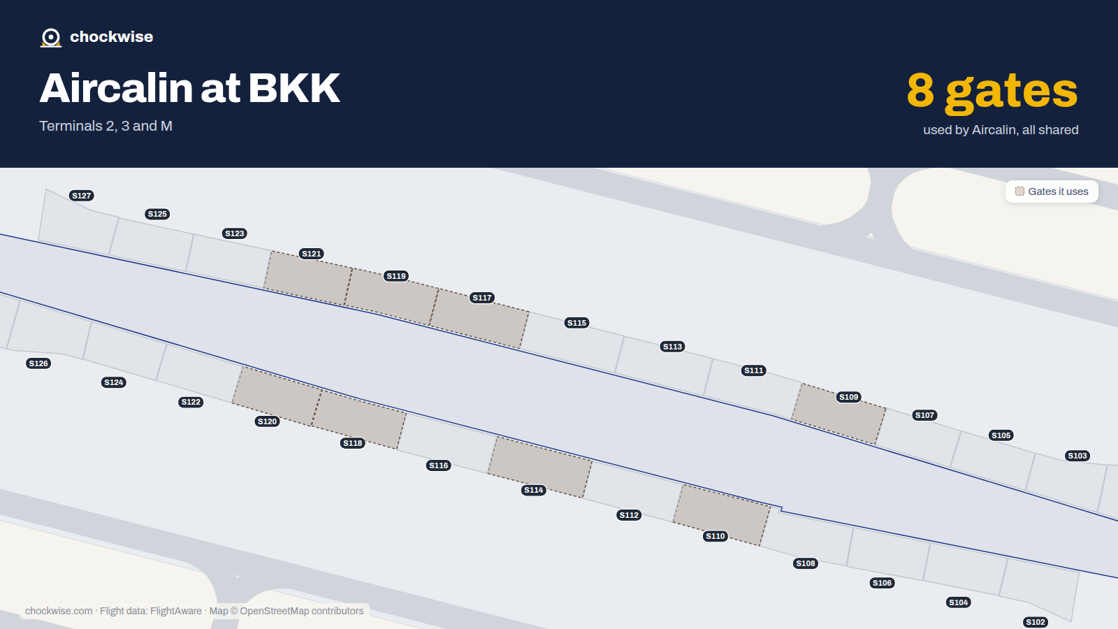 Map of BKK with the gates Aircalin uses highlighted: S109, S110, S114, S117, S118, S119, S120 and S121.