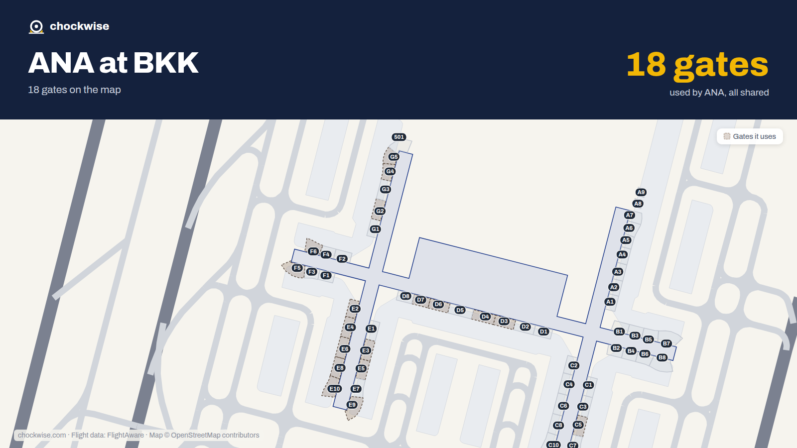 Map of BKK with the gates All Nippon Airways (ANA) uses highlighted: E2, G2, D3, E3, D4, E4, G4, C5 and 10 more.