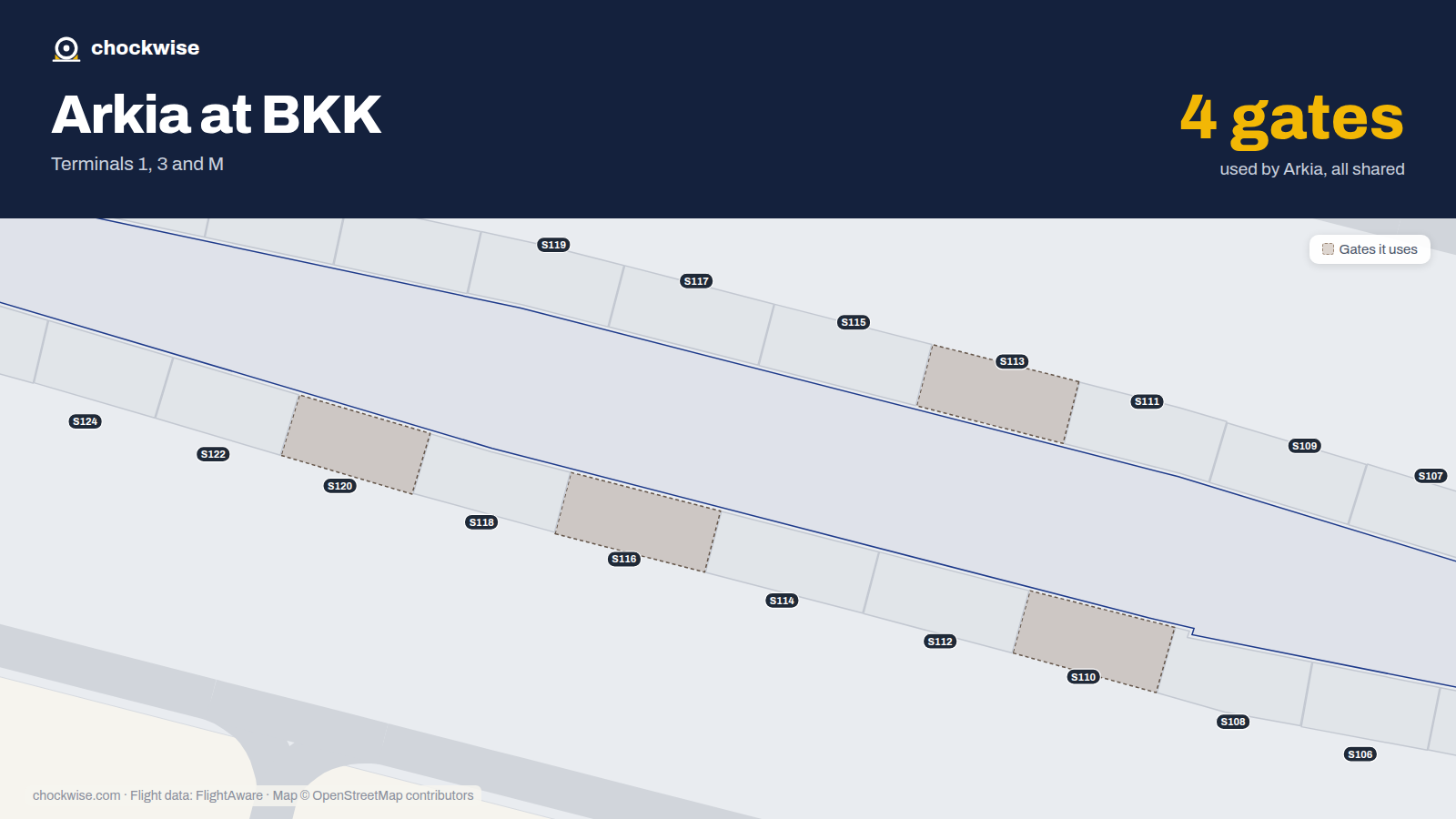 Map of BKK with the gates Arkia Israeli Airlines uses highlighted: S110, S113, S116 and S120.