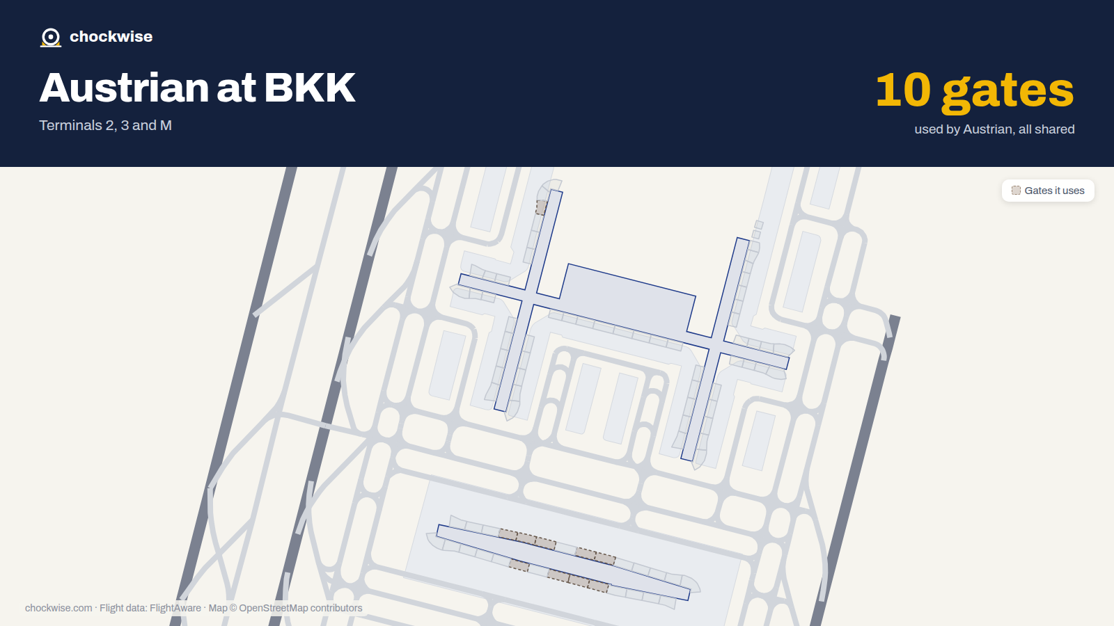 Map of BKK with the gates Austrian Airlines uses highlighted: G4, S110, S111, S112, S113, S114, S117, S118 and 2 more.