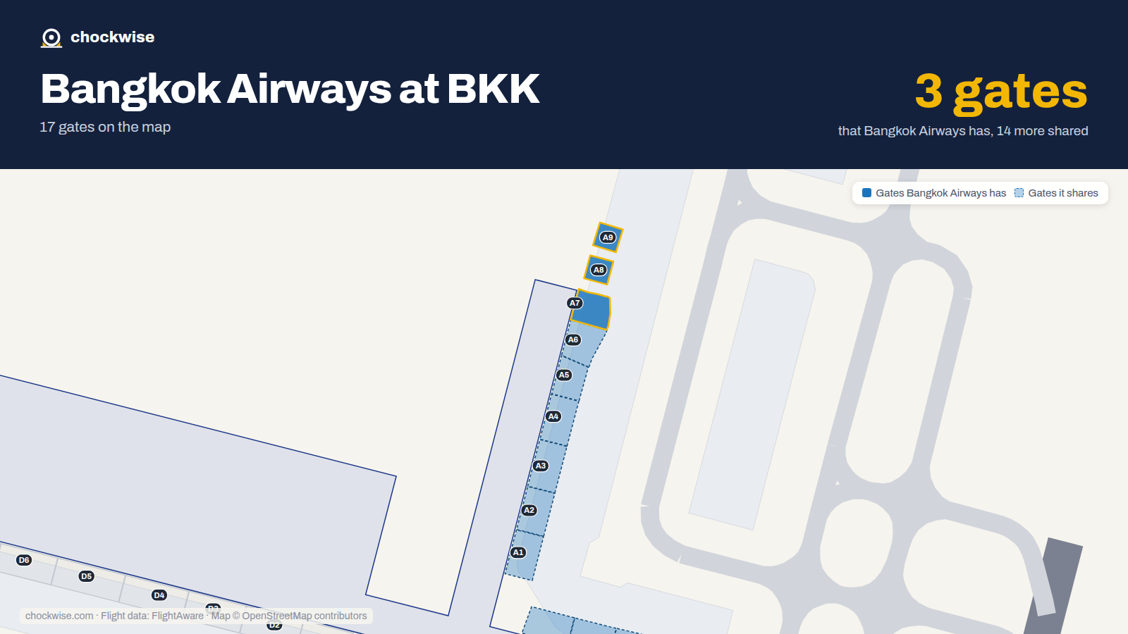 Map of BKK with the gates Bangkok Airways uses highlighted: A7, A8 and A9.