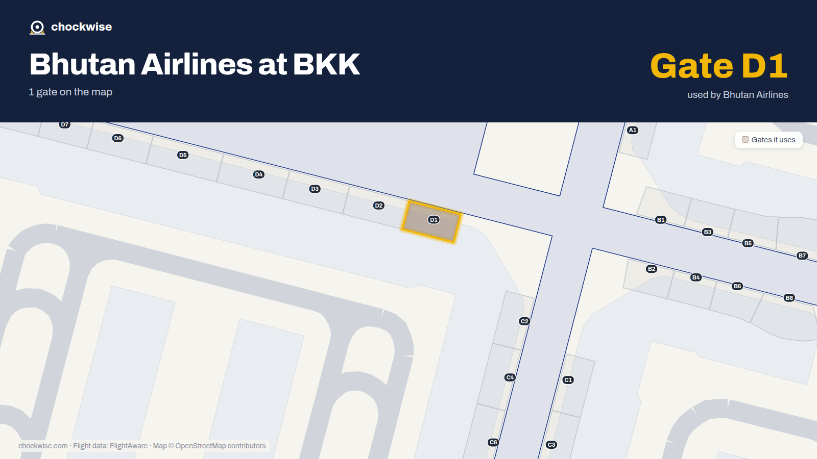 Map of BKK with the gates Bhutan Airlines uses highlighted: D1.