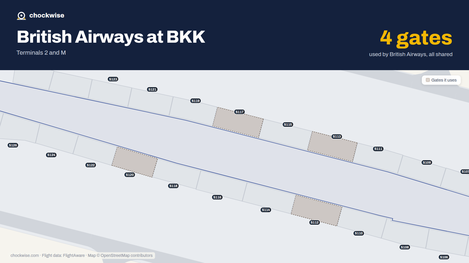 Map of BKK with the gates British Airways uses highlighted: S112, S113, S117 and S120.