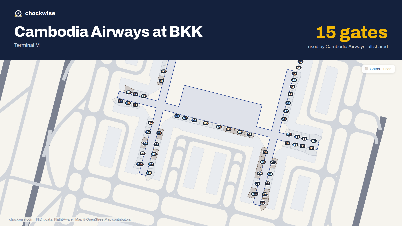 Map of BKK with the gates Cambodia Airways uses highlighted: C1, D1, E1, G1, C2, D2, D3, C4 and 7 more.