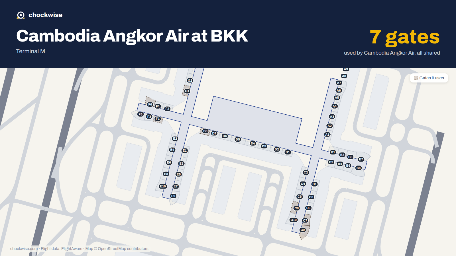 Map of BKK with the gates Cambodia Angkor Air uses highlighted: F1, G1, F6, C7, C8, D8 and C9.