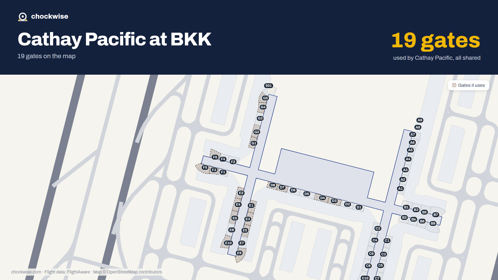 Map of BKK with the gates Cathay Pacific uses highlighted: E1, G1, E2, G2, D3, E3, F3, D4 and 11 more.