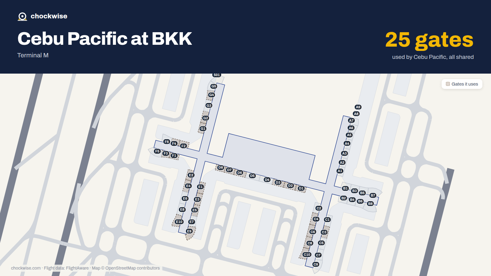 Map of BKK with the gates Cebu Pacific uses highlighted: D1, E1, F1, G1, D2, E2, F2, G2 and 17 more.
