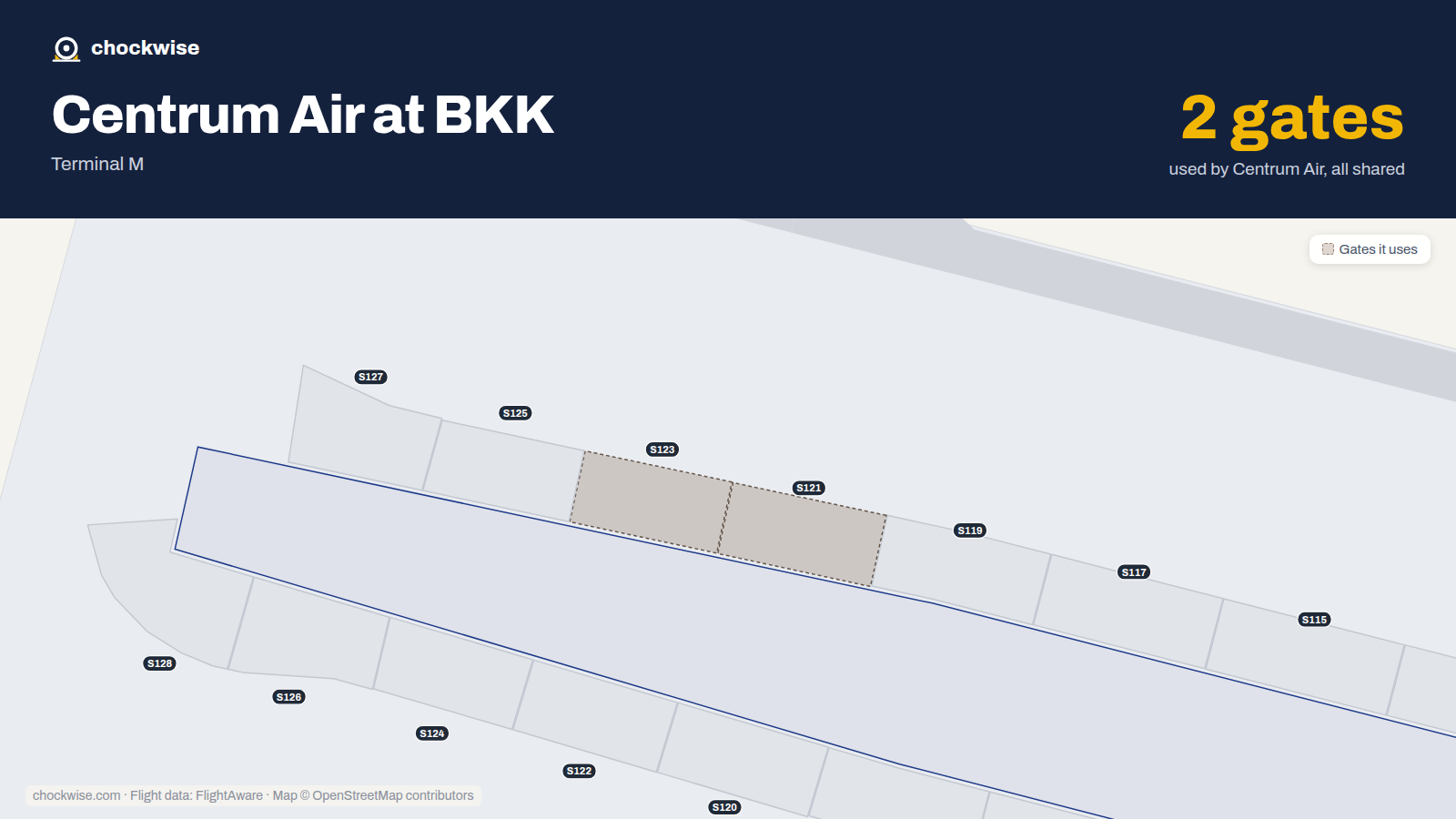 Map of BKK with the gates Centrum Air uses highlighted: S121 and S123.