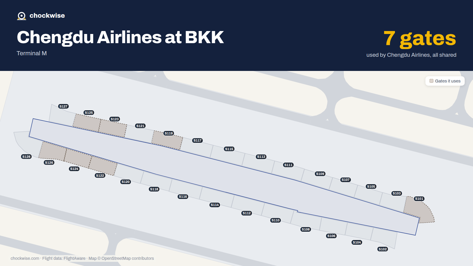 Map of BKK with the gates Chengdu Airlines uses highlighted: S101, S119, S122, S123, S124, S125 and S126.