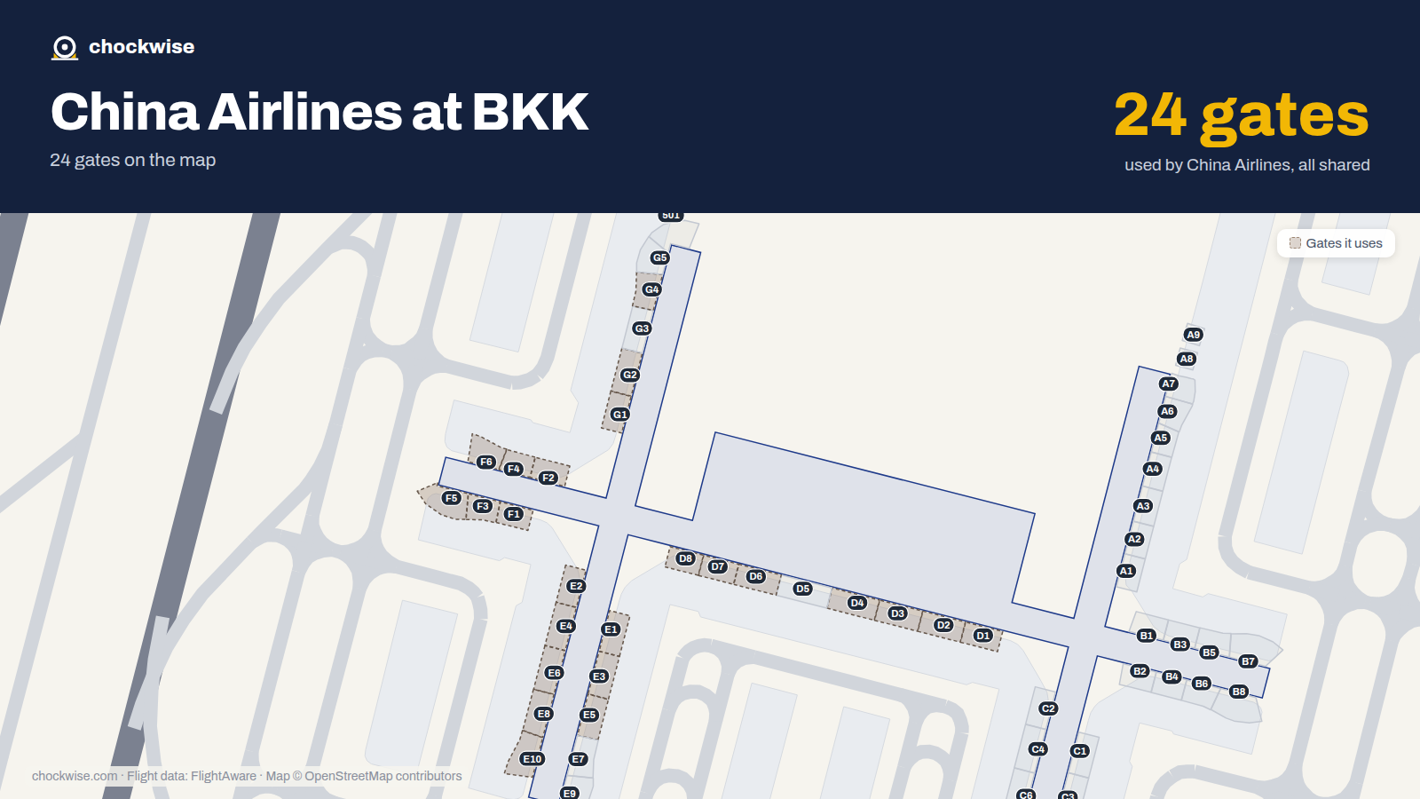 Map of BKK with the gates China Airlines uses highlighted: D1, E1, F1, G1, D2, E2, F2, G2 and 16 more.