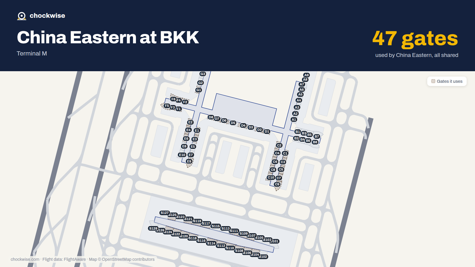 Map of BKK with the gates China Eastern uses highlighted: C1, D1, E1, F1, G1, C2, D2, E2 and 39 more.