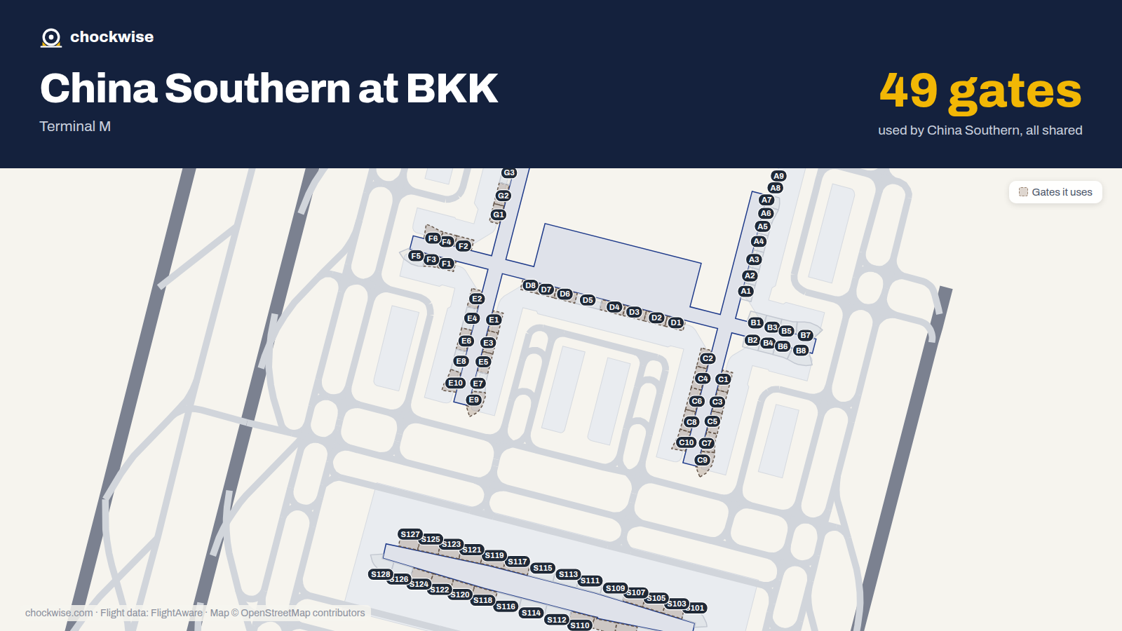 Map of BKK with the gates China Southern uses highlighted: C1, D1, E1, F1, G1, C2, D2, E2 and 41 more.