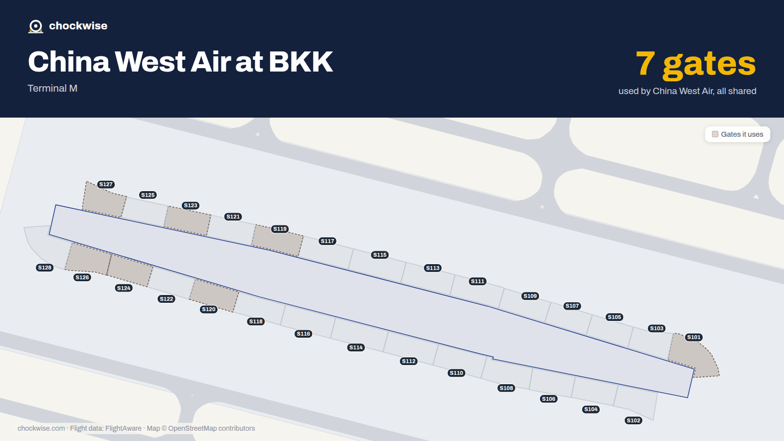 Map of BKK with the gates China West Air uses highlighted: S101, S119, S120, S123, S124, S126 and S127.