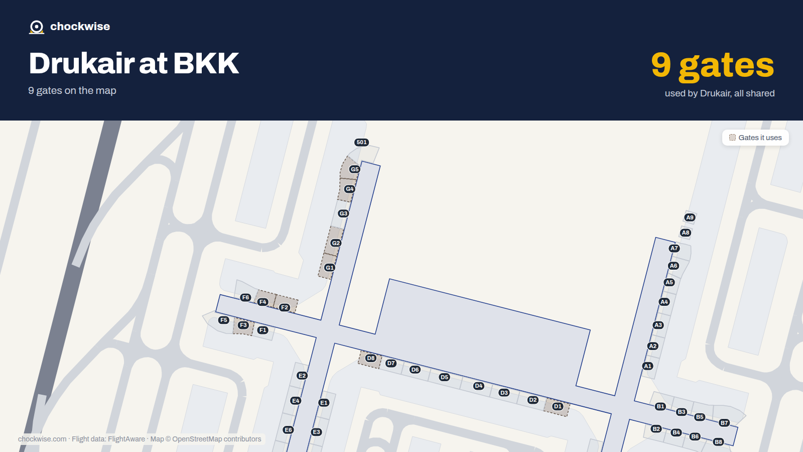 Map of BKK with the gates Drukair uses highlighted: D1, G1, F2, G2, F3, F4, G4, G5 and 1 more.