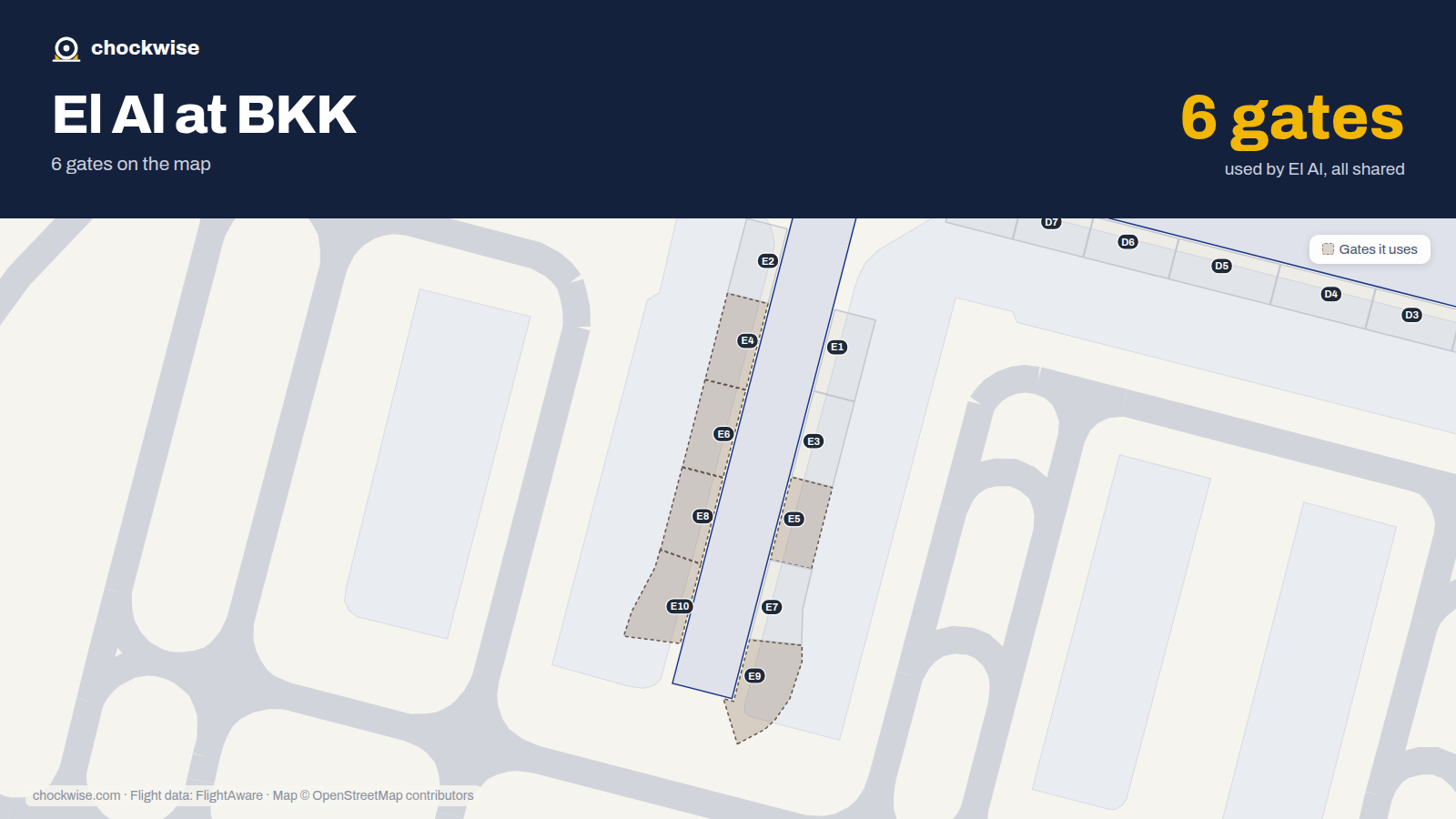 Map of BKK with the gates El Al uses highlighted: E4, E5, E6, E8, E9 and E10.