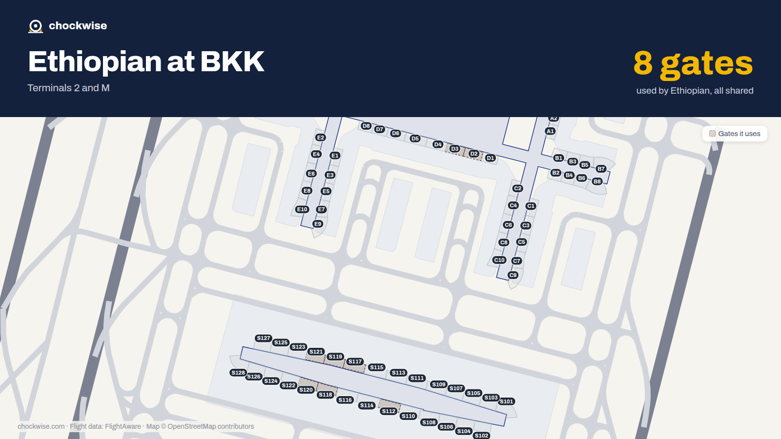 Map of BKK with the gates Ethiopian Airlines uses highlighted: D2, D3, S112, S117, S118, S119, S120 and S121.
