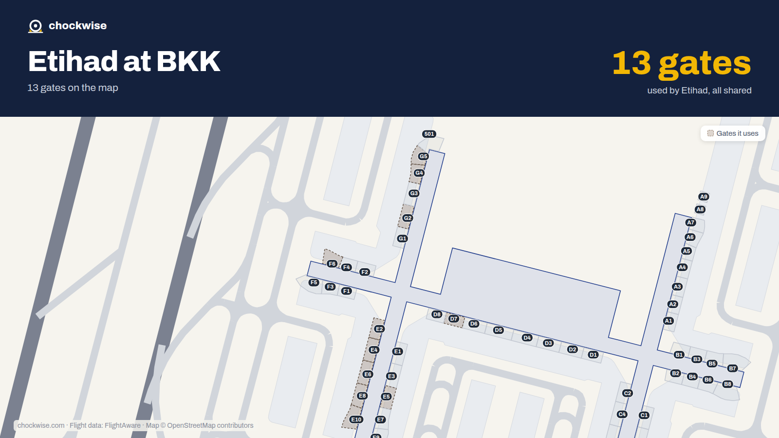 Map of BKK with the gates Etihad Airways uses highlighted: E2, G2, E4, G4, E5, G5, E6, F6 and 5 more.