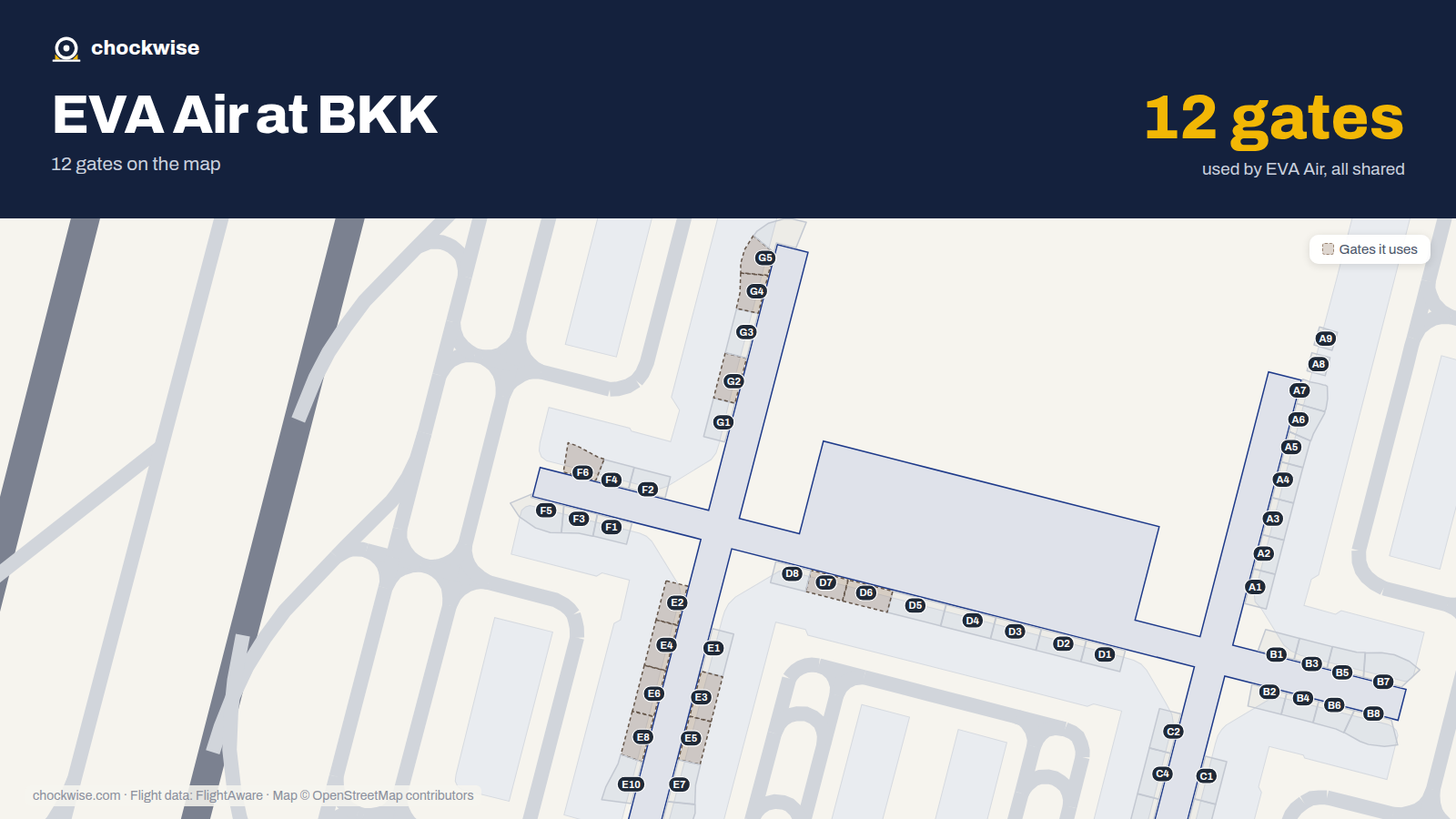 Map of BKK with the gates EVA Air uses highlighted: E2, G2, E3, E4, G4, E5, G5, D6 and 4 more.