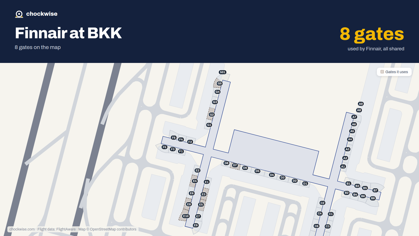 Map of BKK with the gates Finnair uses highlighted: G2, E3, E4, E5, G5, D7, E8 and E10.