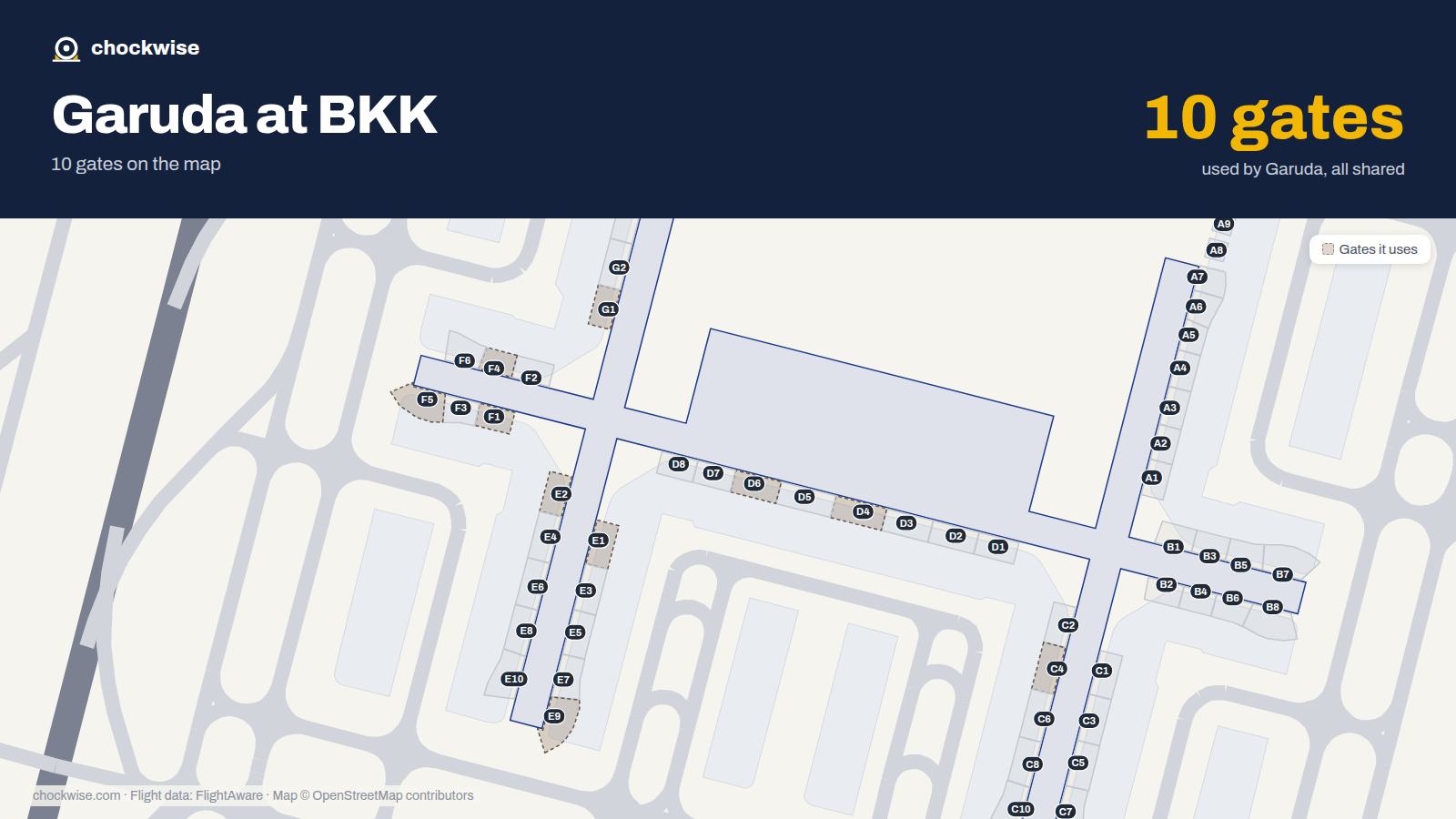 Map of BKK with the gates Garuda Indonesia uses highlighted: E1, F1, G1, E2, C4, D4, F4, F5 and 2 more.