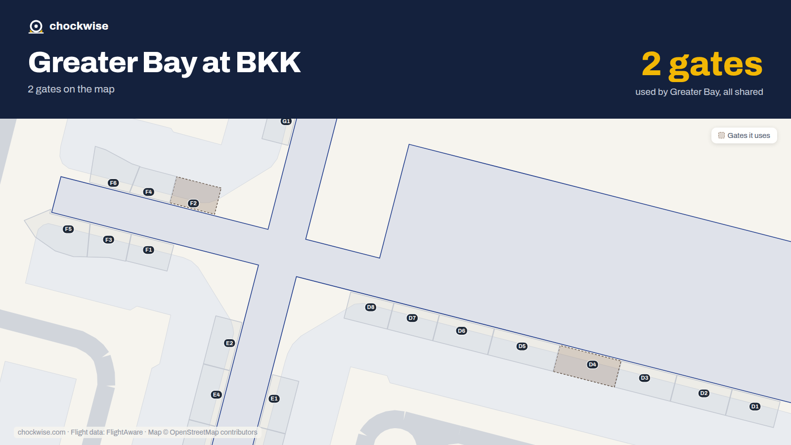 Map of BKK with the gates Greater Bay Airlines uses highlighted: F2 and D4.
