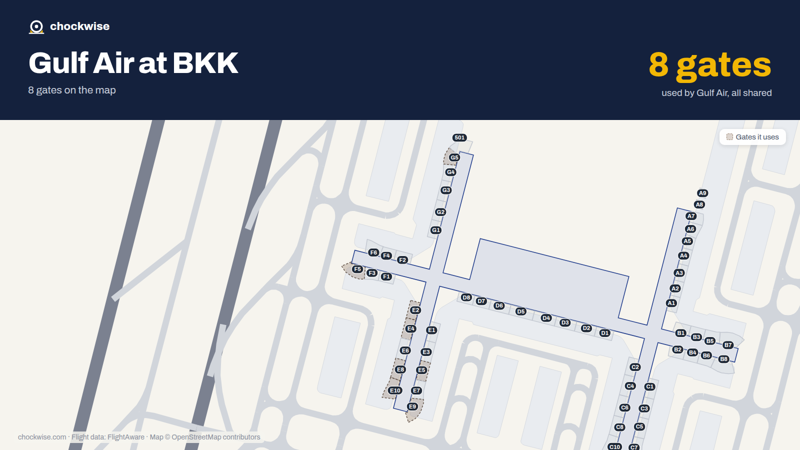 Map of BKK with the gates Gulf Air uses highlighted: E2, E4, E5, F5, G5, E8, E9 and E10.