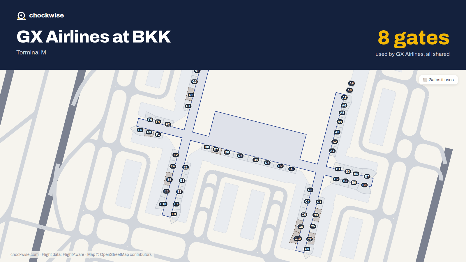 Map of BKK with the gates GX Airlines uses highlighted: G2, C3, F3, E6, C7, D7, C8 and C10.