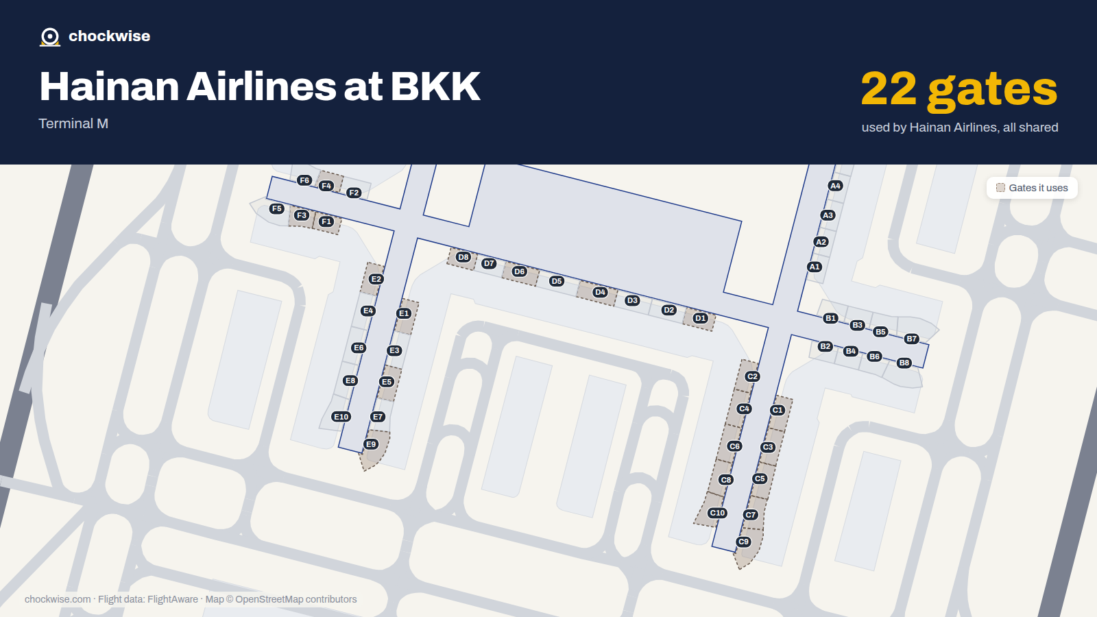 Map of BKK with the gates Hainan Airlines uses highlighted: C1, D1, E1, F1, C2, E2, C3, F3 and 14 more.
